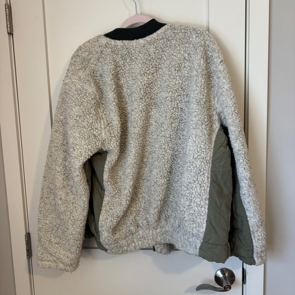 We The Free Free People Sherpa Mixed Media Bomber Jacket Olive Green Cream Large - Picture 3 of 4